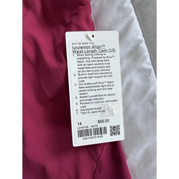 New Lululemon Size 14 Align Waist Length Cami Tank C/D Built In Bra Magenta - Picture 5 of 11